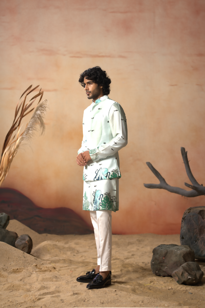 Seabed Serenity Cotton Satin Nehru Jacket by Hilo Design | Grocsy