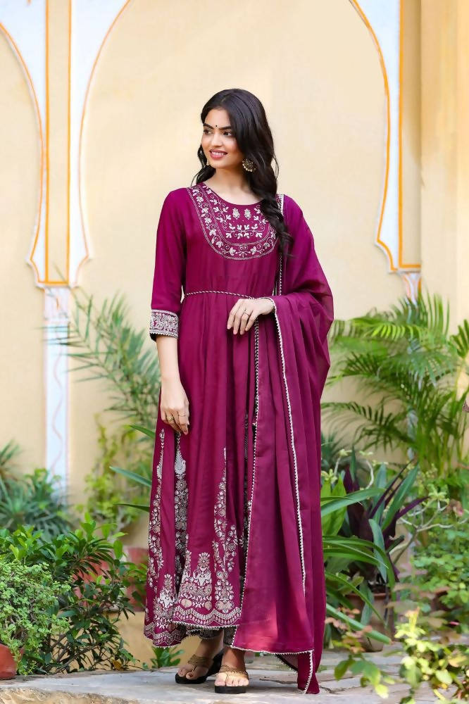 Yufta Women's Burgundy Anarkali Kurta Dupatta Set | Grocsy