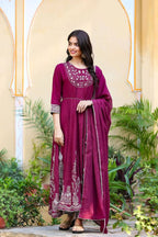 Yufta Women's Burgundy Anarkali Kurta Dupatta Set | Grocsy