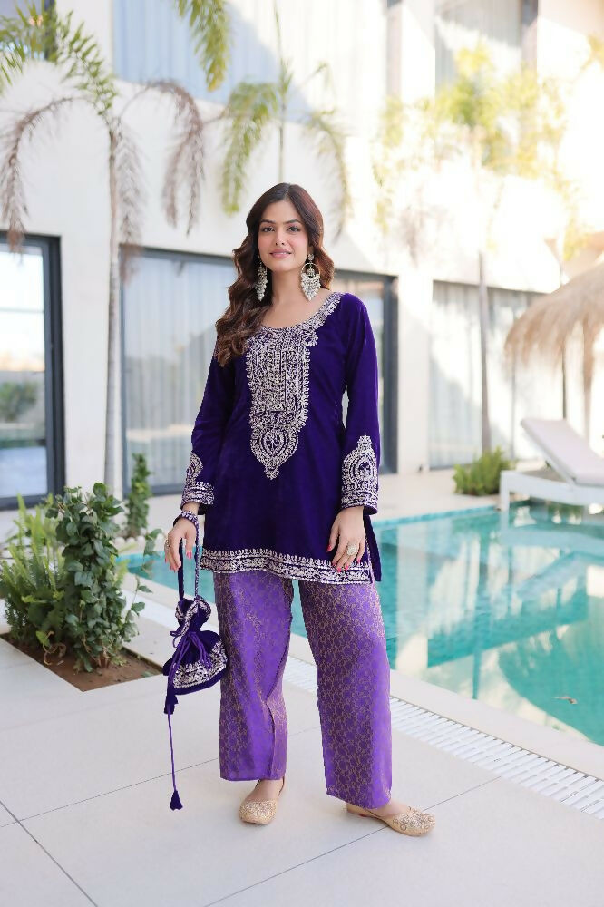 Joban Fashion Purple Kurta Set Velvet Sequins , Zari, Coding & Thread Embroidered work | Grocsy