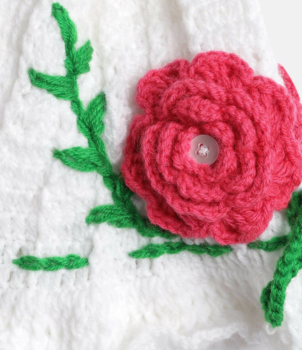 Chutput Kids Woollen Hand Knitted Rosetto Detailed Cap - White | Grocsy
