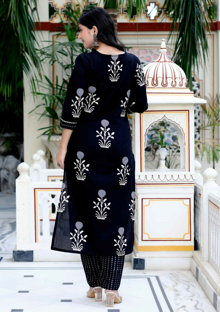 Miravan Women's Cotton Gota Patti Black Floral Printed Straight Kurta Palazzo With Dupatta Set | Grocsy