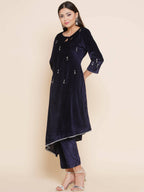 Women Republic Navy Blue Velvet Assymetrical Hand Embellished Kurta With Pants | Grocsy