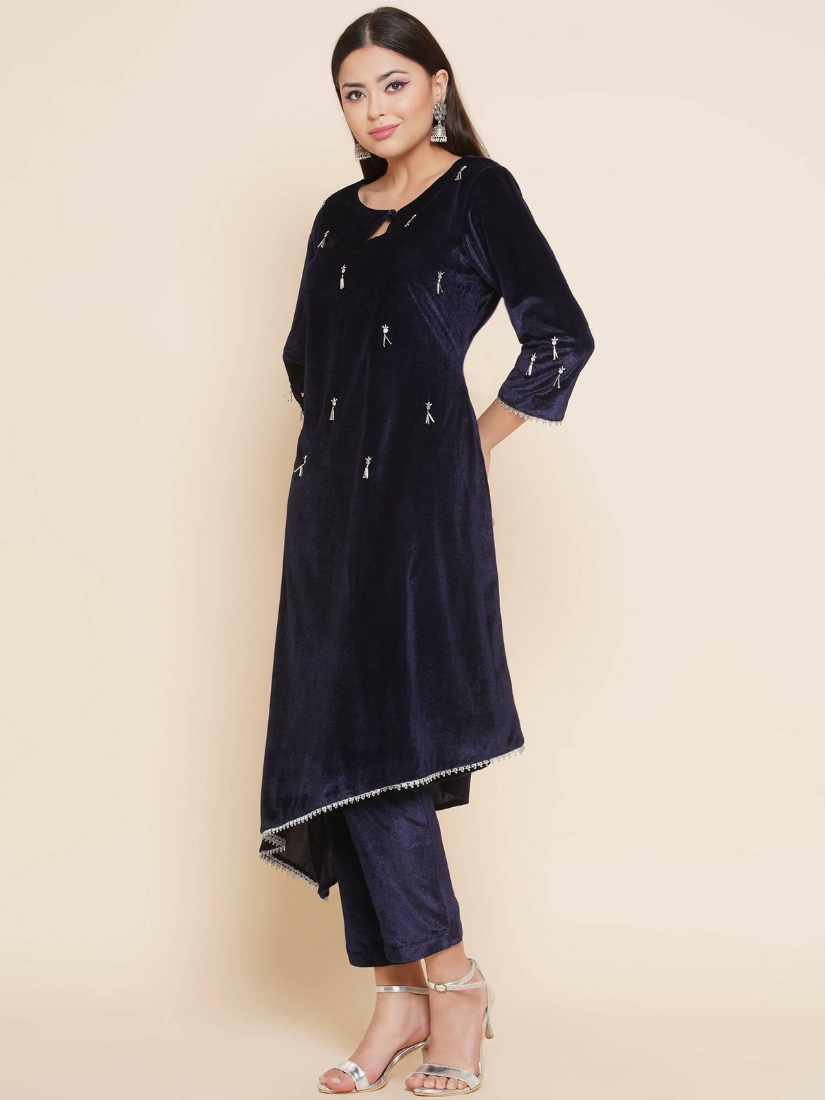Women Republic Navy Blue Velvet Assymetrical Hand Embellished Kurta With Pants | Grocsy