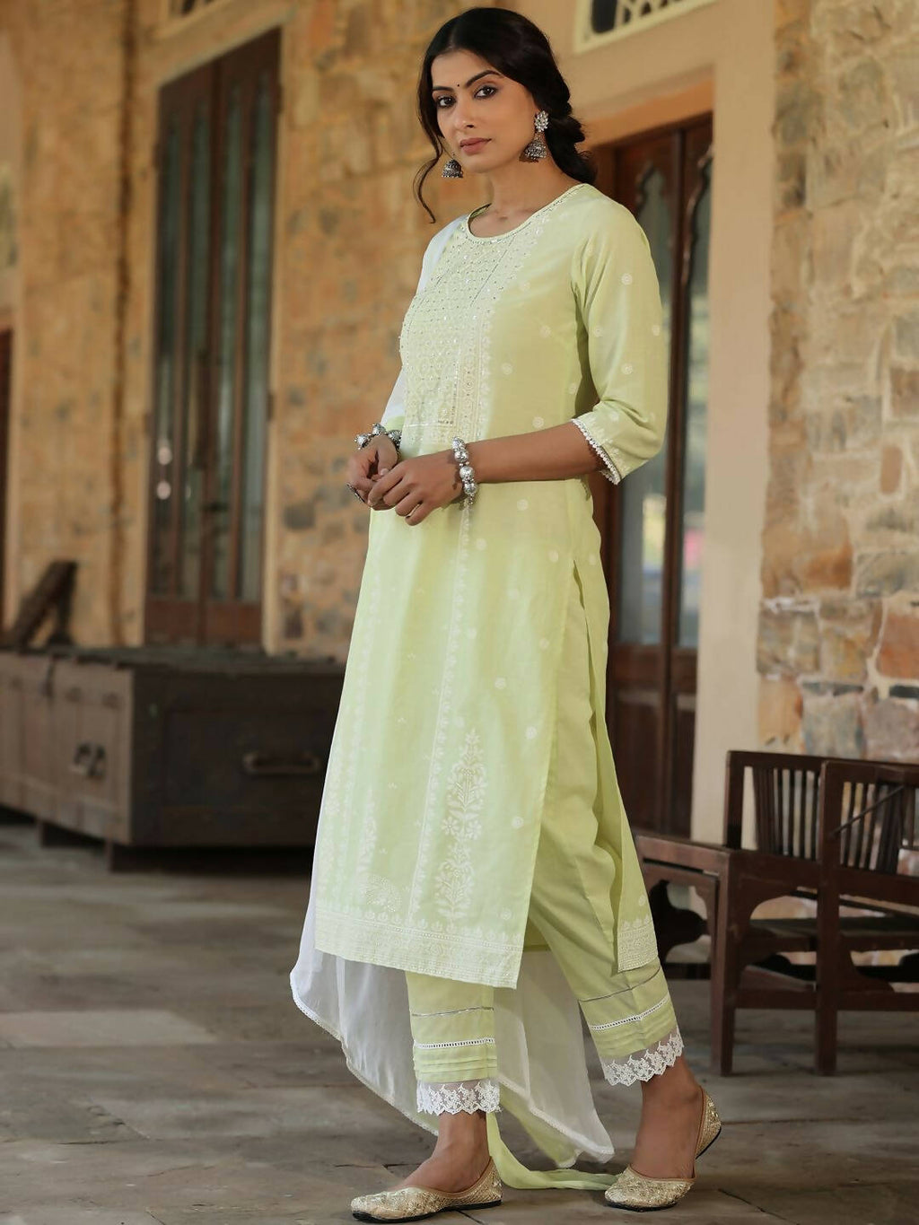 Juniper Women's Lime Green Cambric Floral Print Kurta Straight Pant And Duptta Sets | Grocsy