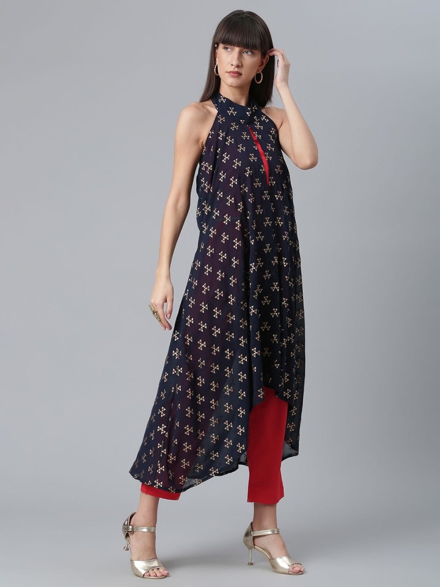 Ahalyaa Women Red Crepe Solid kurta Pant with Printed Jacket | Grocsy