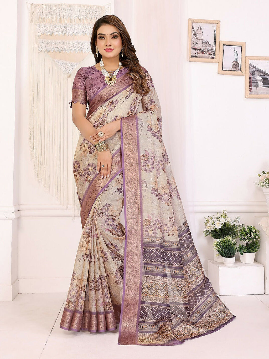 Joban Fashion Lavender Floral Print pattern Banarasi Silk Sarees | Grocsy