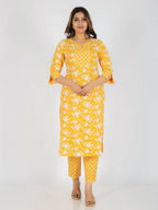 Aramya Yellow Soft Cotton Floral Print Straight Kurta Set for Women | Grocsy
