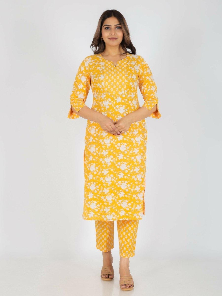 Aramya Yellow Soft Cotton Floral Print Straight Kurta Set for Women | Grocsy