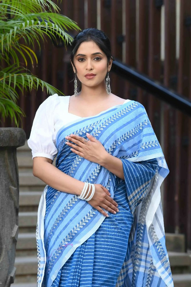 Beatitude Blue Cotton Tanchori Handloom Saree | Grocsy