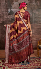 Joban Fashion Maroon Art Silk With Fine Viscose Border Ajrak Full Body Print With Soft Finish Saree | Grocsy