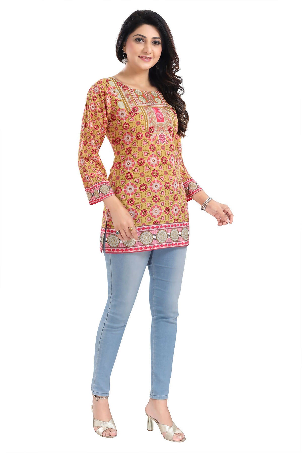 Snehal Creations Yellow Faux Crepe Short Kurti Tunic Top | Grocsy