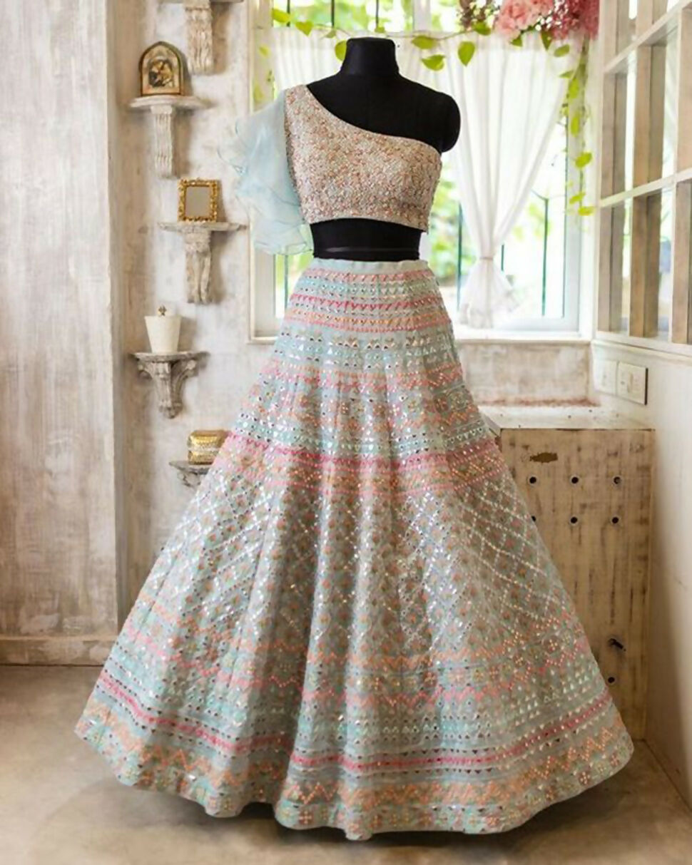 Jyoti Fashion Light Turquoise Thread, Zari and Paper Mirror Embroidered Organza One Shoulder Bridal Lehenga Choli | Grocsy