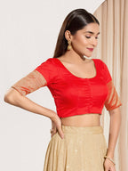 Joban Fashion Red Taffeta Silk Padded Blouse With Round Neck Elbow Sleeves | Grocsy