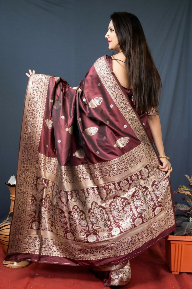 Jyoti Fashion Women's Brown Paithani Silk Zari Woven Saree with Blouse | Grocsy
