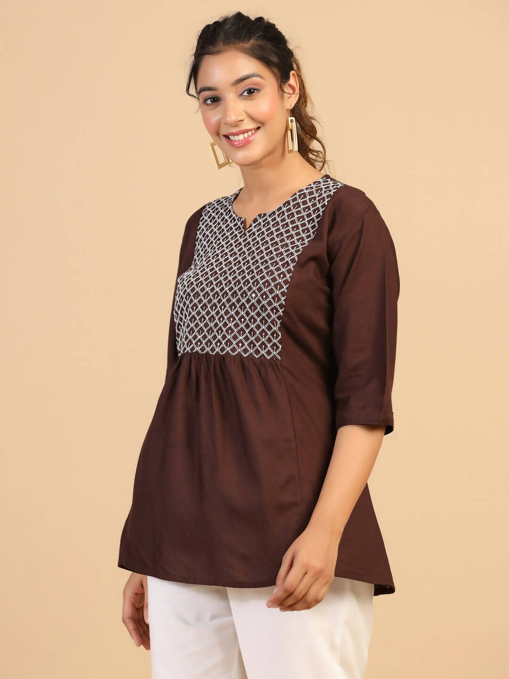 Womens Brown Rayon Yoke Embroidered Top - Keeva | Grocsy