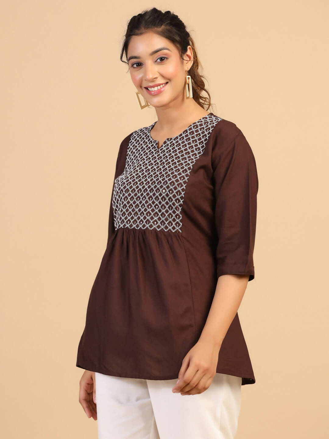 Womens Brown Rayon Yoke Embroidered Top - Keeva | Grocsy