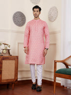 Pink Viscose Woven Jacquard Work Men's Rajwadi Kurta Set - Mahotsav | Grocsy