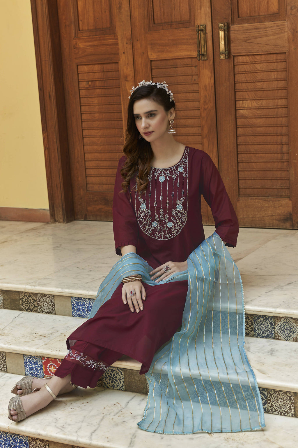 Wine Chinon Embroidered Kurta and Bottom with Dupatta - Akashara | Grocsy