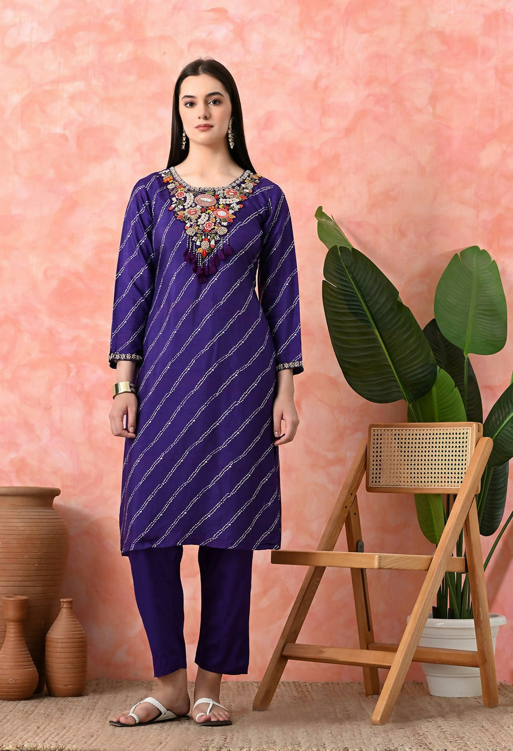 Joban Fashion Purple Premium Pure Viscose Print Dola With Handwork Kurta Set | Grocsy