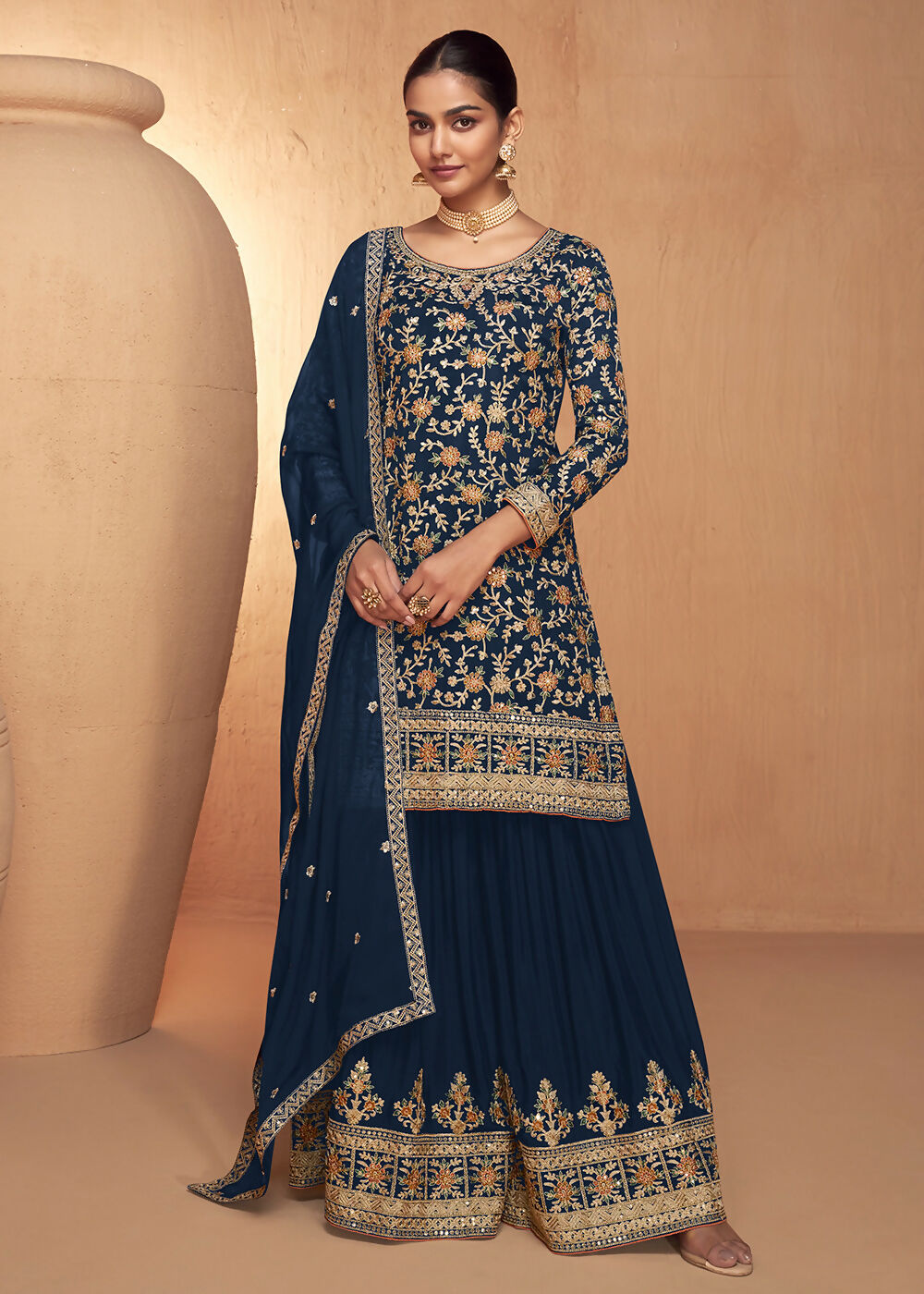 Blue Real Chinnon Embroidered Wedding Festive Palazzo Suit - Emponline | Grocsy