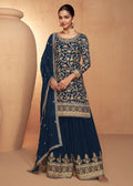 Blue Real Chinnon Embroidered Wedding Festive Palazzo Suit - Emponline | Grocsy