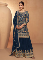 Blue Real Chinnon Embroidered Wedding Festive Palazzo Suit - Emponline | Grocsy