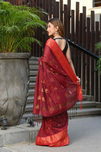 Beatitude Red Cotton Banarasi Saree | Grocsy