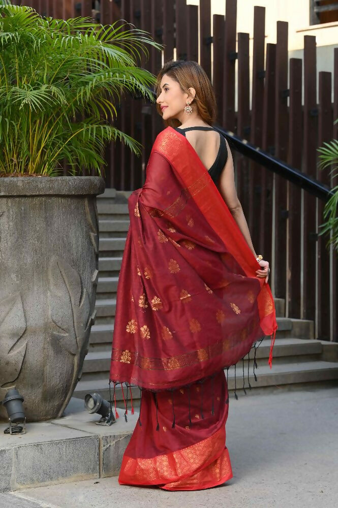 Beatitude Red Cotton Banarasi Saree | Grocsy