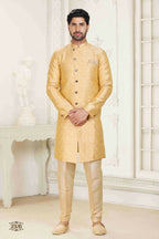Raivat Ethnic Banarasi Jacquard Embroidery Semi Indo Western Sherwani In Cream Beige Colour | Grocsy
