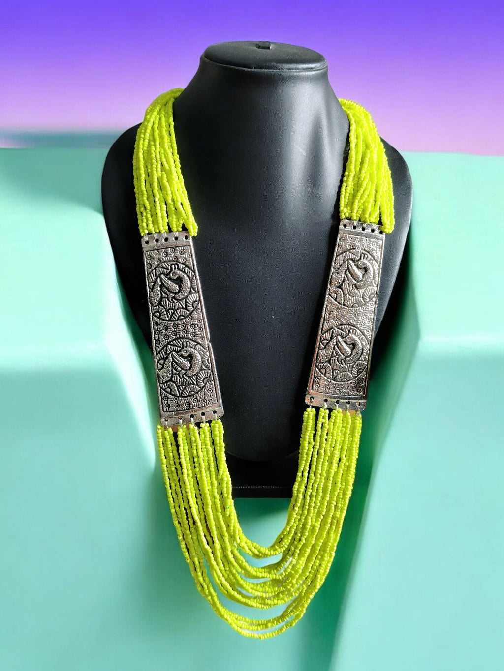 Inhanns Saree Shobha Statement Necklace - Neon Green Necklace | Grocsy