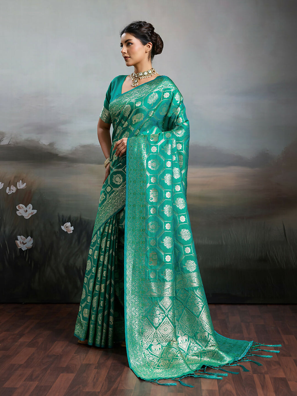 Shree Shyam Fashion Rama Green Silk Blend Saree | Grocsy