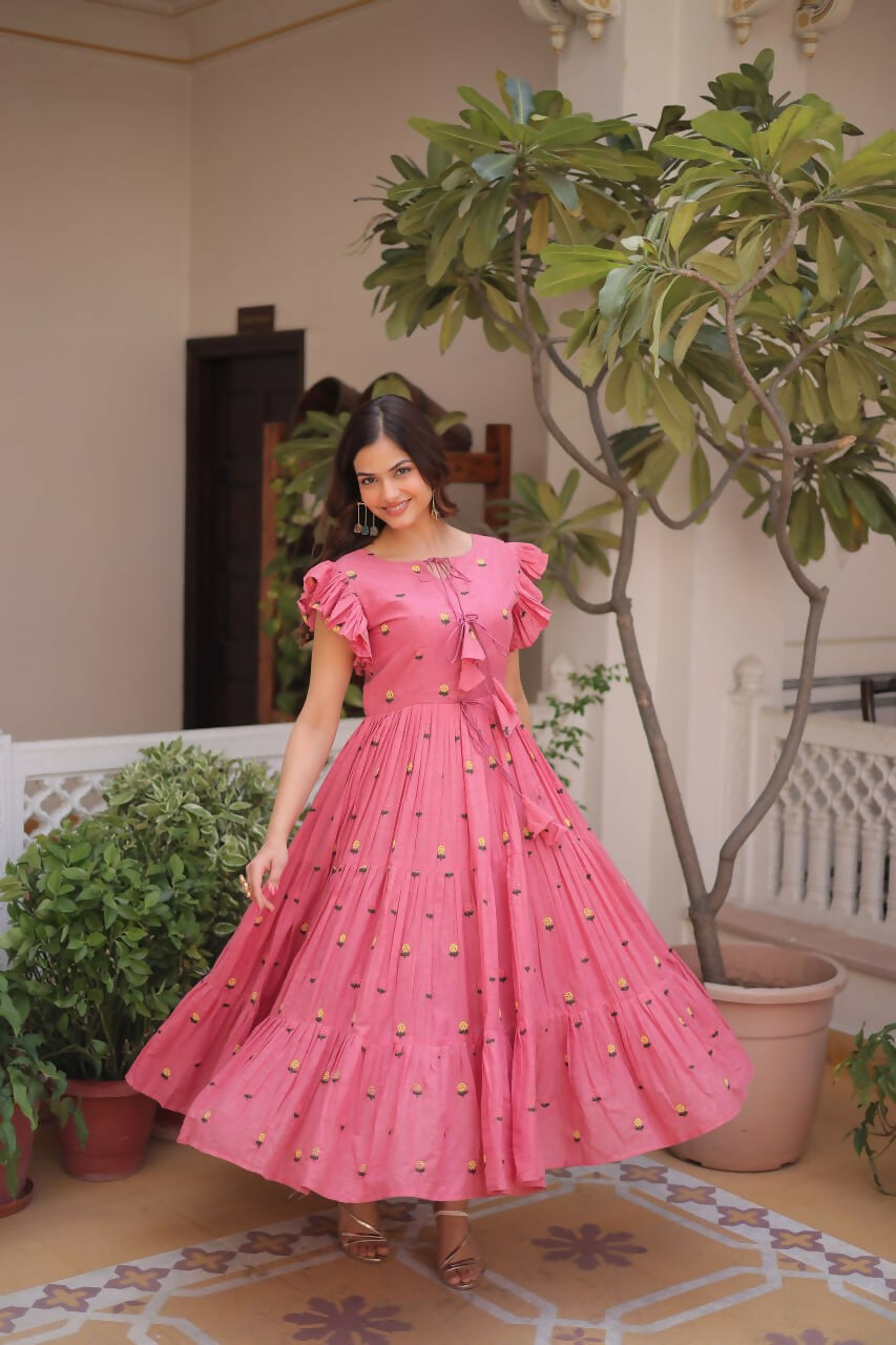 Teeya Creation Womens New Summer Wear Cotton Fabric With Embroidered Work Gown Set | Grocsy