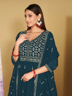 Jyoti Fashion Women's Rama Georgette Embroidered Anarkali Kurta Pant Set With Dupatta | Grocsy