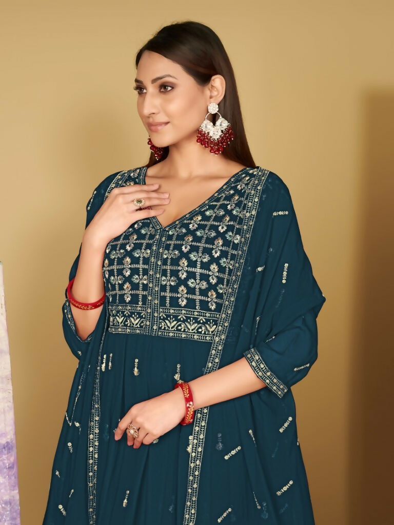 Jyoti Fashion Women's Rama Georgette Embroidered Anarkali Kurta Pant Set With Dupatta | Grocsy