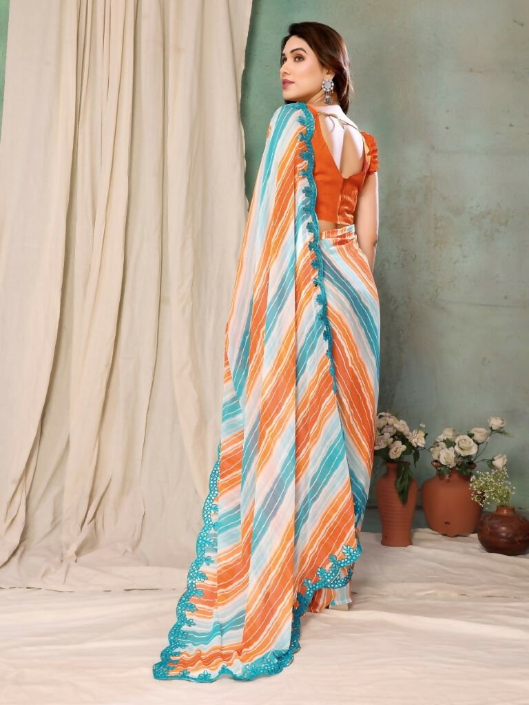 Aafreen Partywear Designer Orange & Blue Georgette Fancy Saree | Grocsy