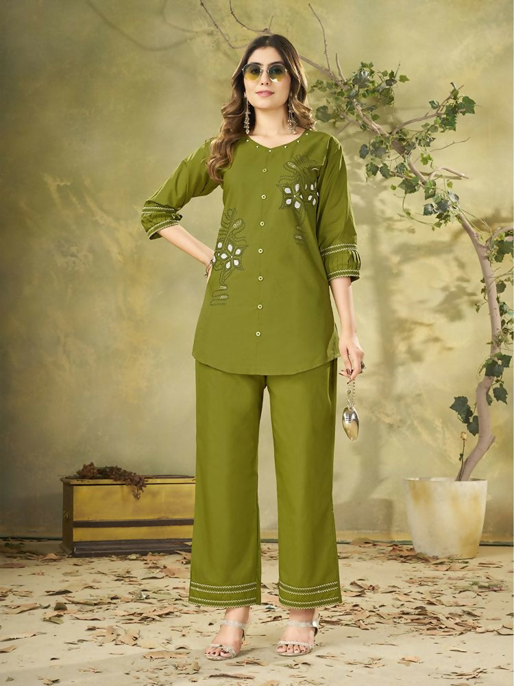 Teeya Creation Olive Green Embroidered Cotton Co-ord Set for Women | Grocsy