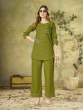 Teeya Creation Olive Green Embroidered Cotton Co-ord Set for Women | Grocsy