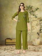 Teeya Creation Olive Green Embroidered Cotton Co-ord Set for Women | Grocsy