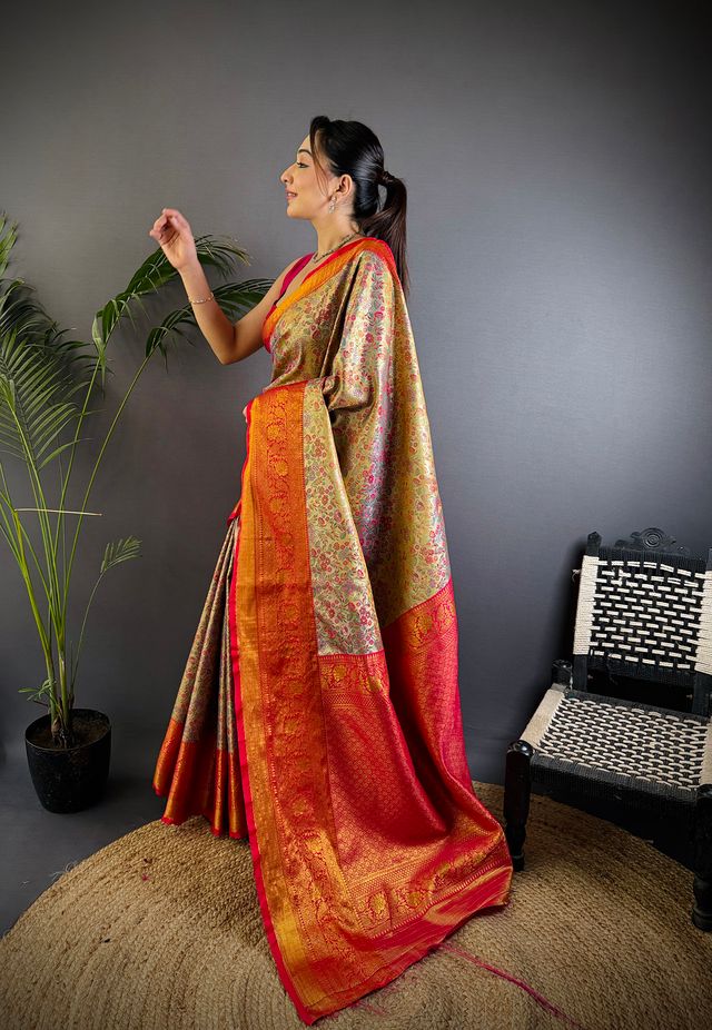 Elora Copper Silk Leheriya Meenakari Zari Weaves Dharmavaram Saree | Grocsy