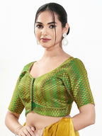 Joban Fashion Green Brocade Padded Blouse With Sweetheart Neck Elbow Sleeves | Grocsy
