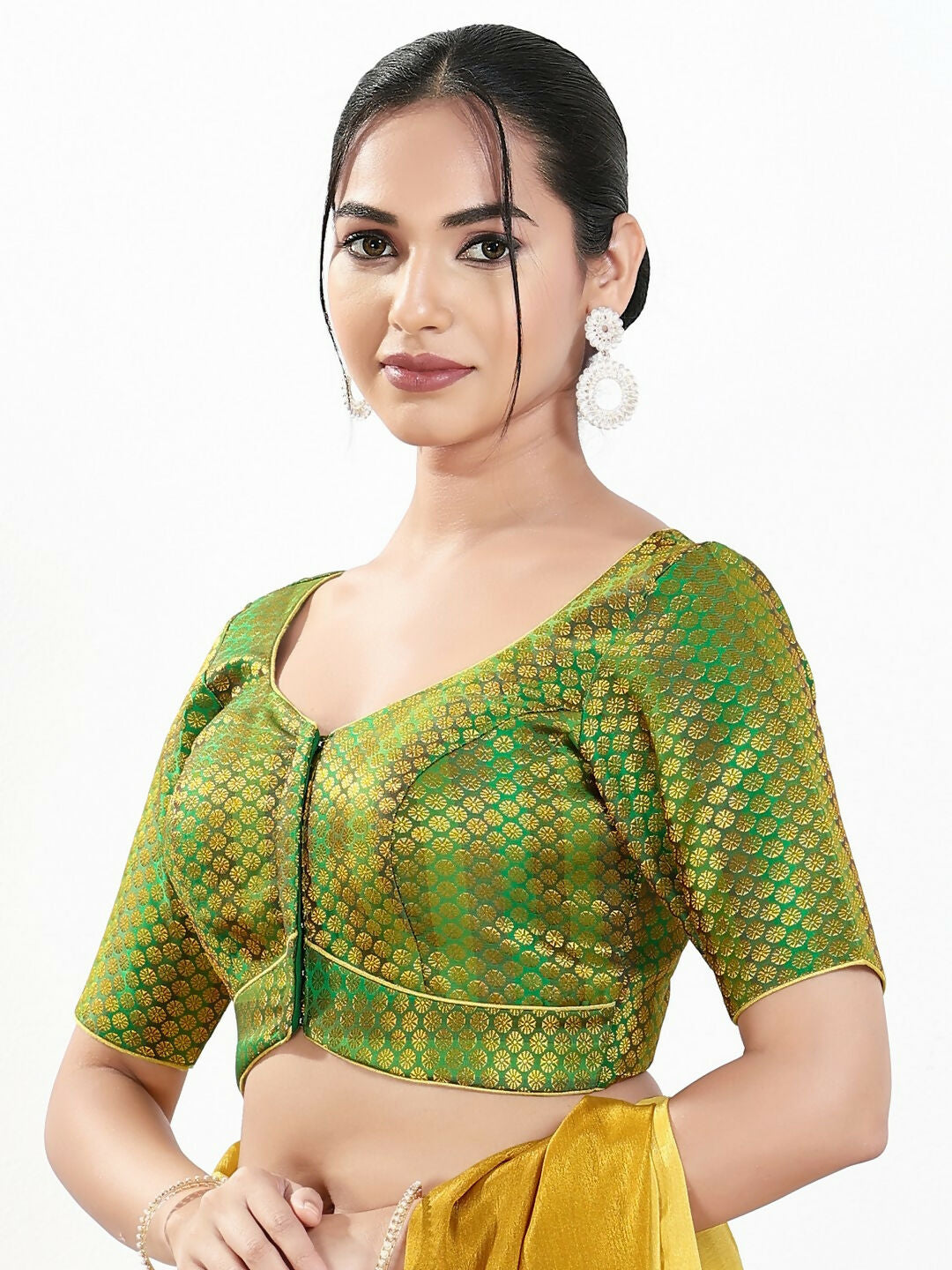 Joban Fashion Green Brocade Padded Blouse With Sweetheart Neck Elbow Sleeves | Grocsy