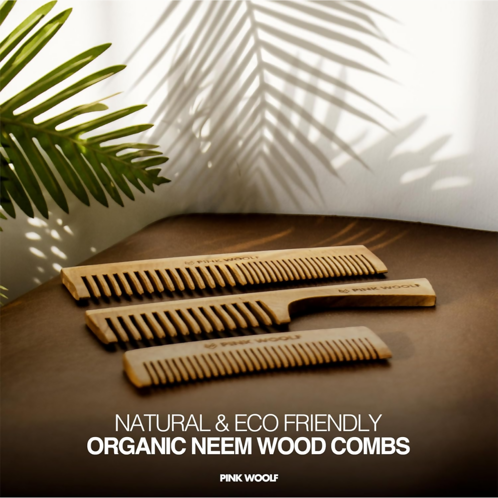 Pink Woolf Neem Wooden Comb Set for Men & Women | Grocsy