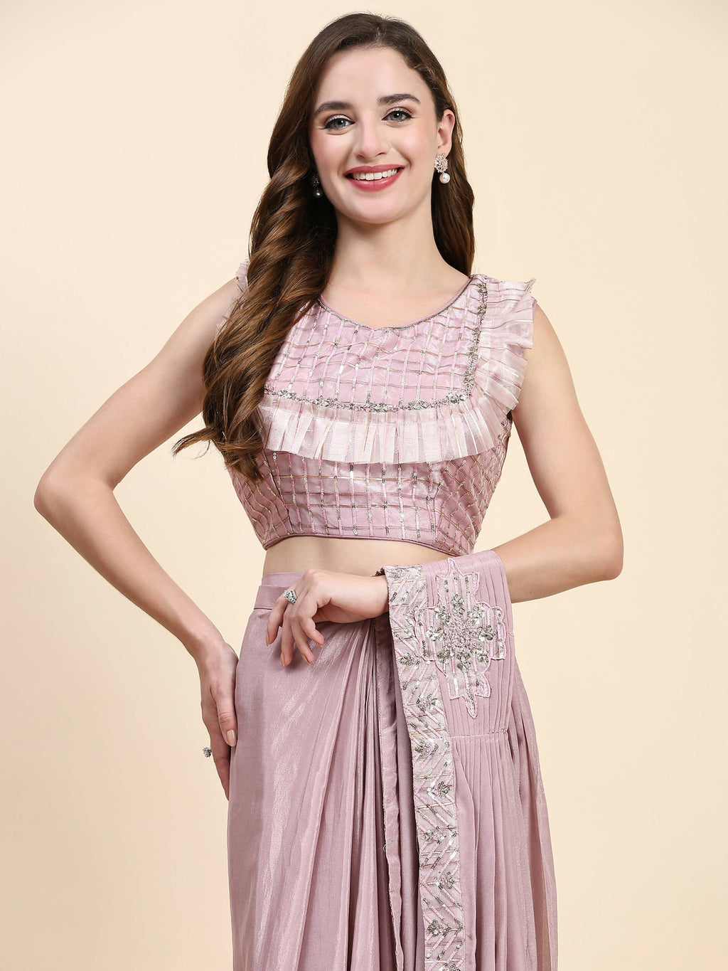 Pink Silk Satin Solid Ready to wear Saree with stitched Blouse - Satiksha | Grocsy