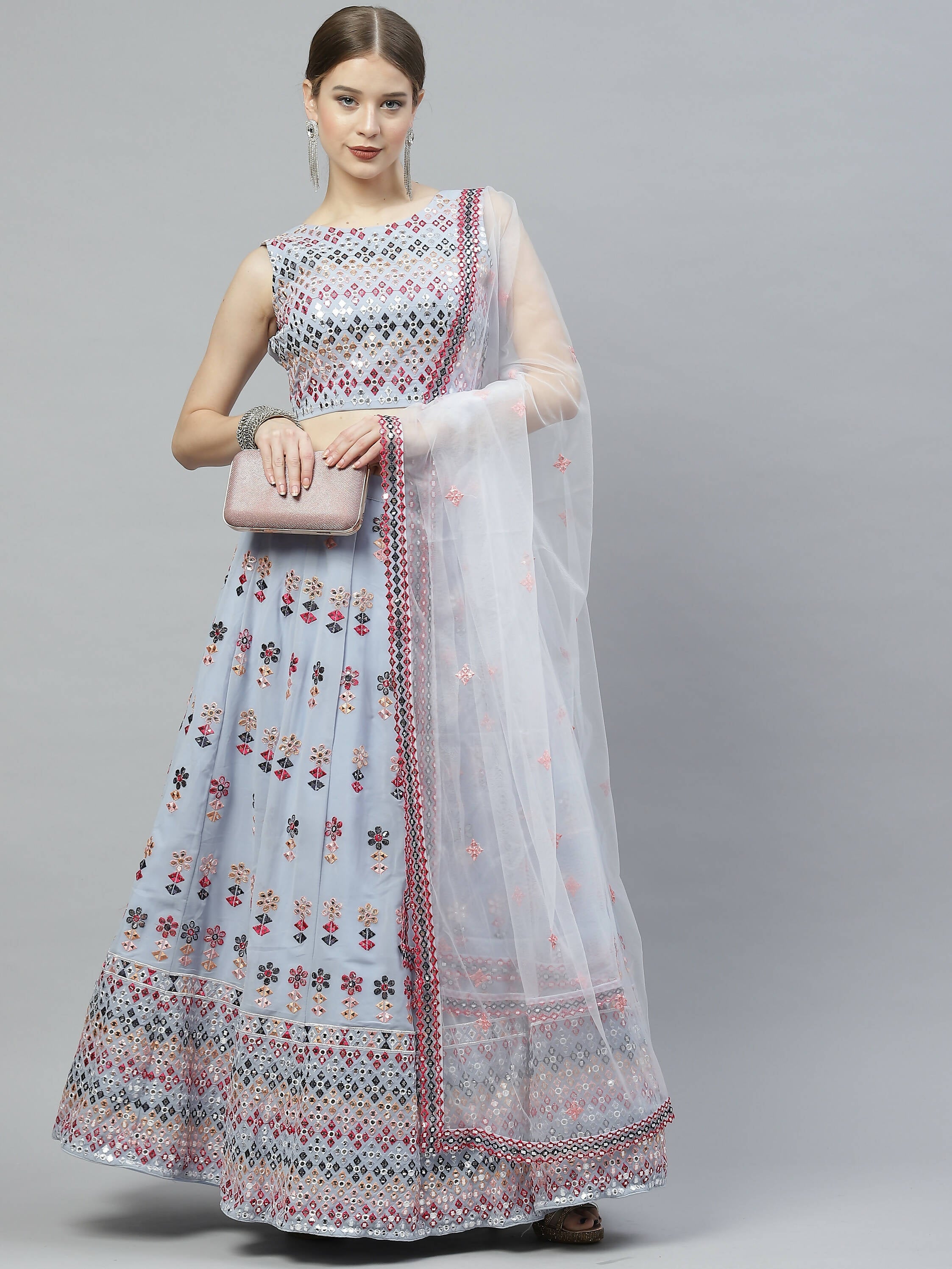 Sky Blue Georgette Heavy Embroidery mirror Work Lehenga Choli with Dupatta - Jivika | Grocsy