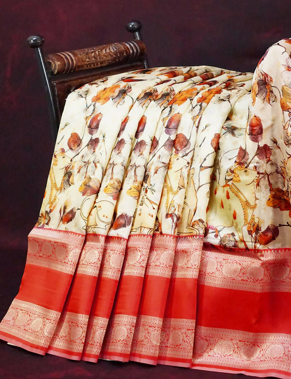 Milk White Banaras Border Pichwai Design Banarasi Semi Silk Saree By Gayathri Reddy Designer Studio | Grocsy