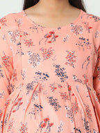 Manet Three Fourth Maternity Dress Floral Print With Concealed Zipper Nursing Access - Orange | Grocsy