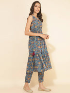 Janasya Women's Blue Cotton Floral Printed Casual Flared Kurta Set | Grocsy