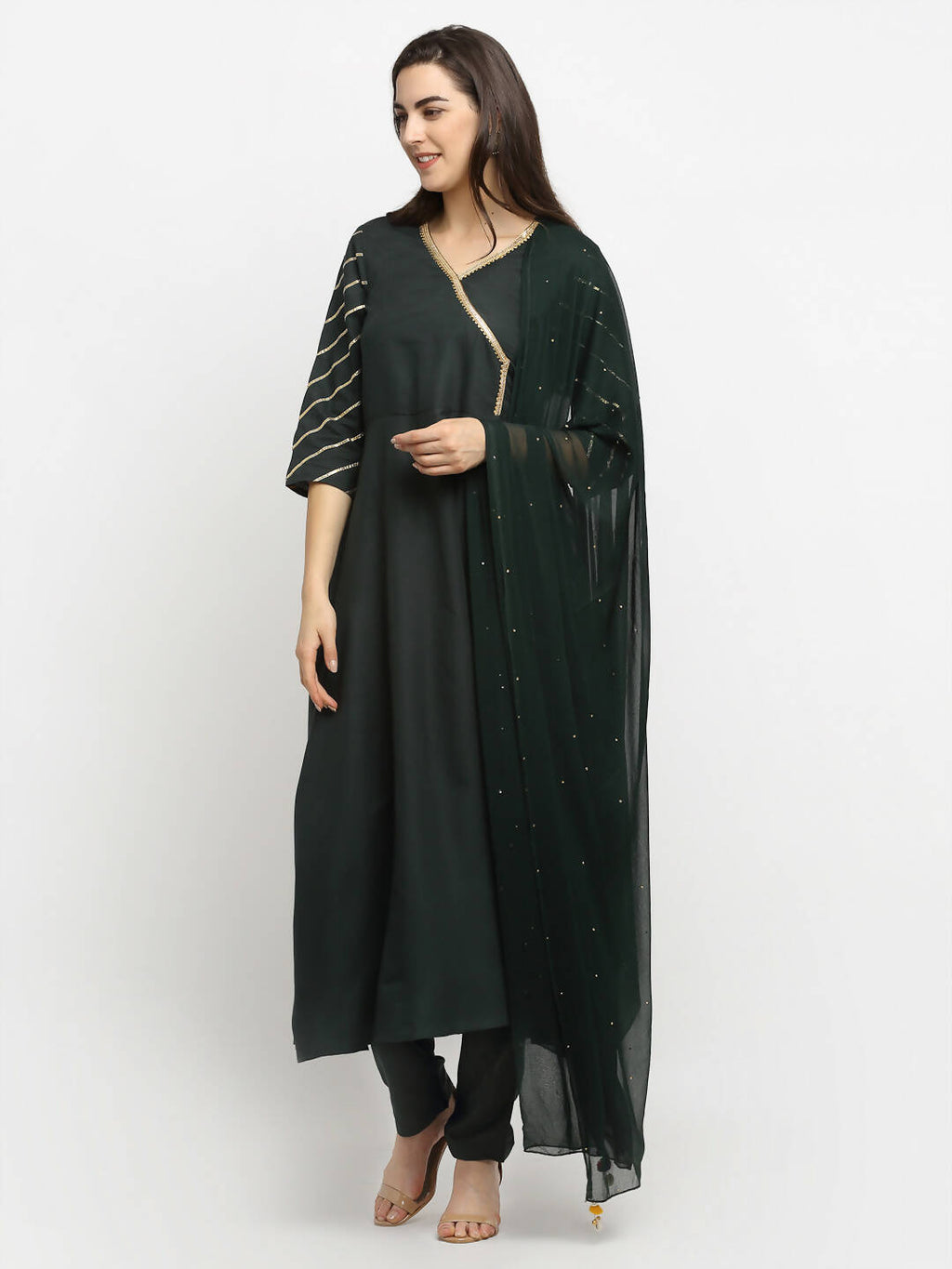 Rudra Bazaar Green Angrakha Style Flared Anarkali Kurta with Pyjamas & Dupatta | Grocsy
