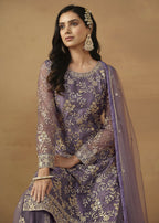 Dusty Purple Net Embroidered Wedding Festive Gharara Suit - Emponline | Grocsy